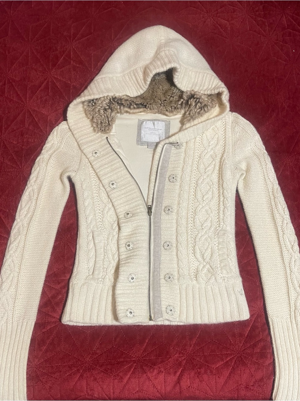 Vintage Y2K American Eagle Outfitters Cream Cable Knit Sweater Jacket Fur Lining